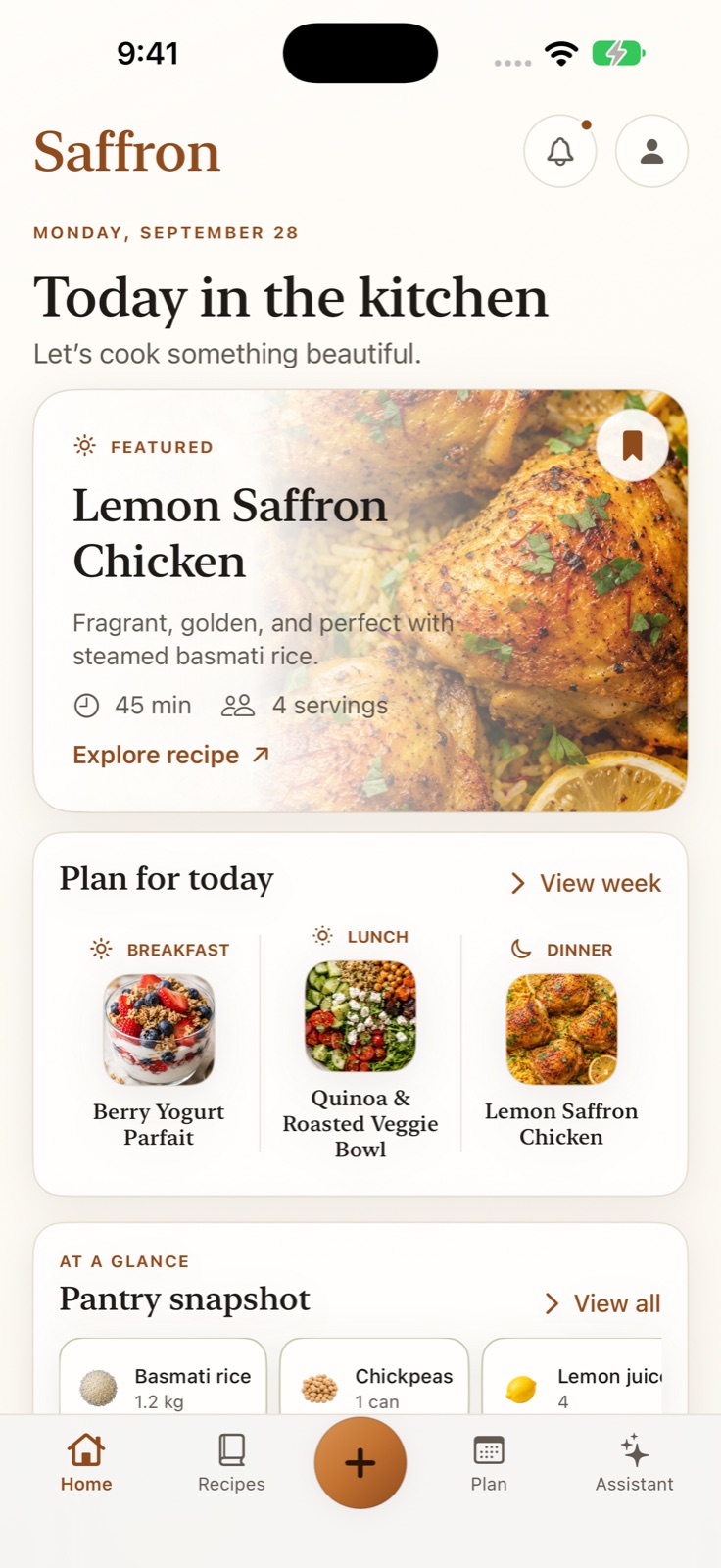 Saffron’s iPhone home screen with a featured recipe, today’s meal plan, and pantry