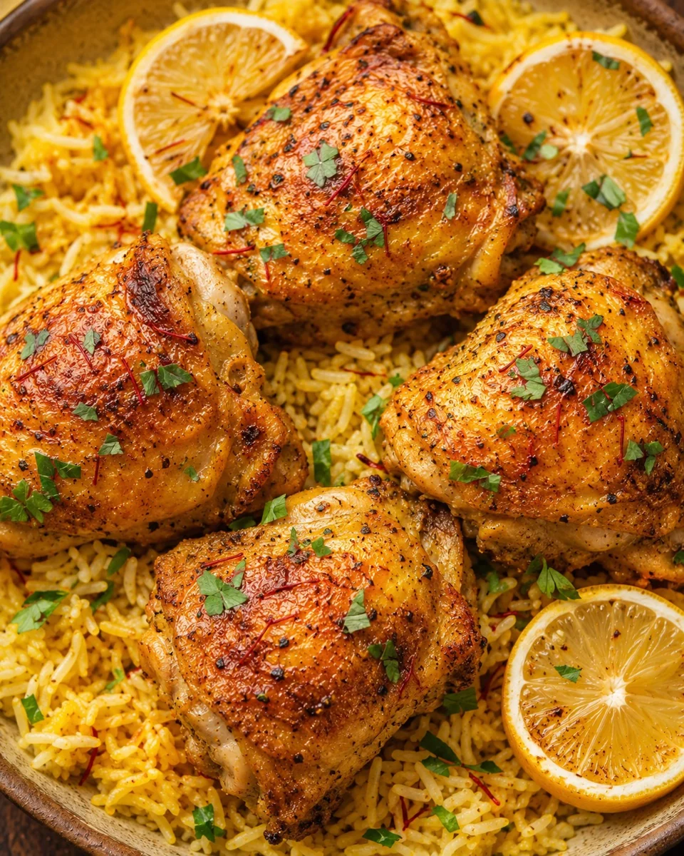 Golden lemon saffron chicken with rice, from Saffron’s recipe collection